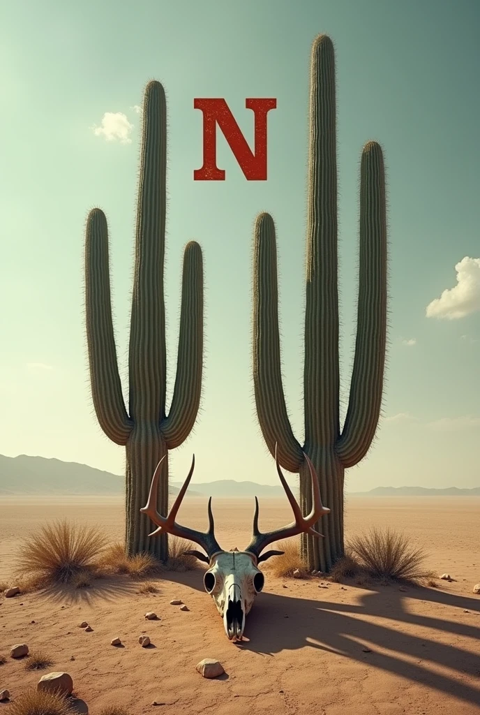 Desert a two cactus with a deer skull in the center a little above with the letters SN above flying in the center