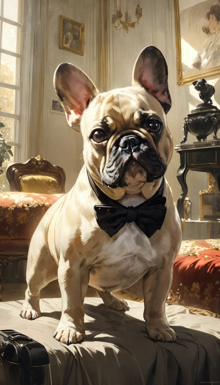 Cute French Bulldog greets viewers, Pierre＝Art by Auguste Renoir and Jeremy Mann, (Viewpoint angle:1.2), Realistic, Ray Tracing, Beautiful lighting,masterpiece