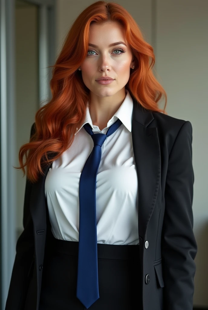 Ginger woman wearing a white shirt with a blue tie and a black blazer over the top and a skirt with big breasts