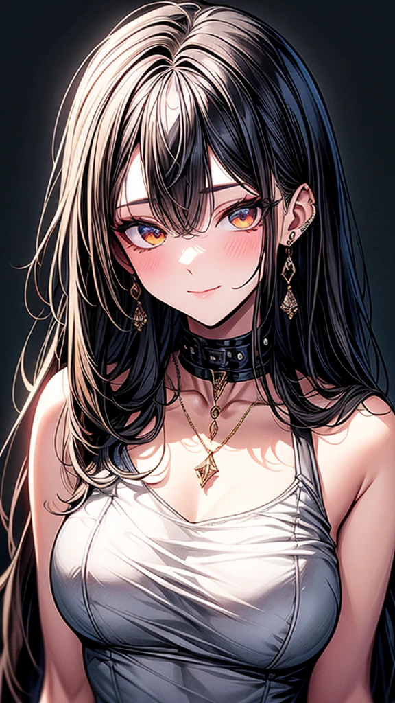 high resolution, Masterpiece, Anatomically correct, precise, qualityที่ดีที่สุด, quality, 1 woman, Age 25 years,Medium length hair, light brown hair, Uneven hairstyles, big breasts, earring, Dark makeup, A thin smile., simple background, Close-up photography, decorations, Anime style, Wearing a fancy suit,Wealth,millionaire