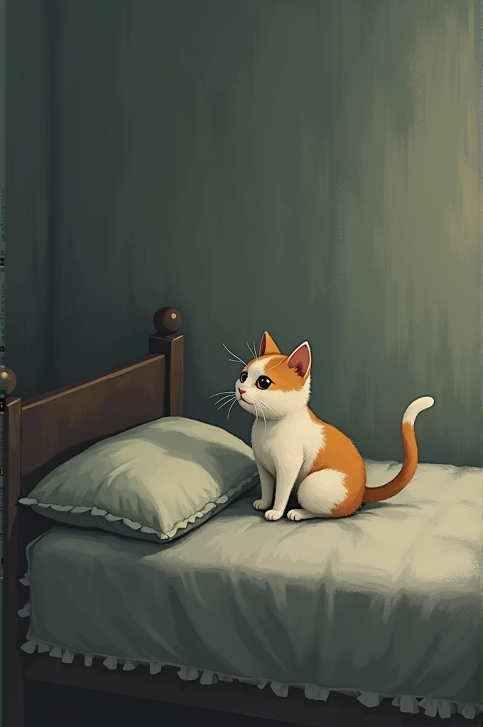 A cat looking up at an empty, unused bed or cushion, reflecting the absence of a companion.