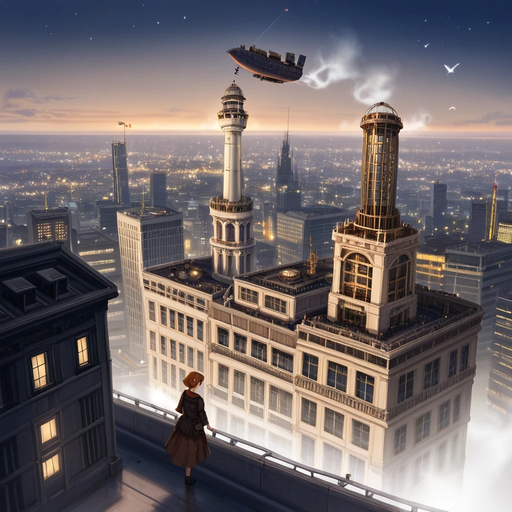 industrial city, surround by wall, steampunk. there is inn, residental area, ((airships)) in the sky, city gate, rusty and heavy, smoke, chimney, factories, gears, machinery, tall buildings, towers, steam power, steam pipes, streetlights, (bird-eye view), (night time, starry sky), (hard rain), (crossroad), (cinematic lighting:0.8, super detail, bloom)