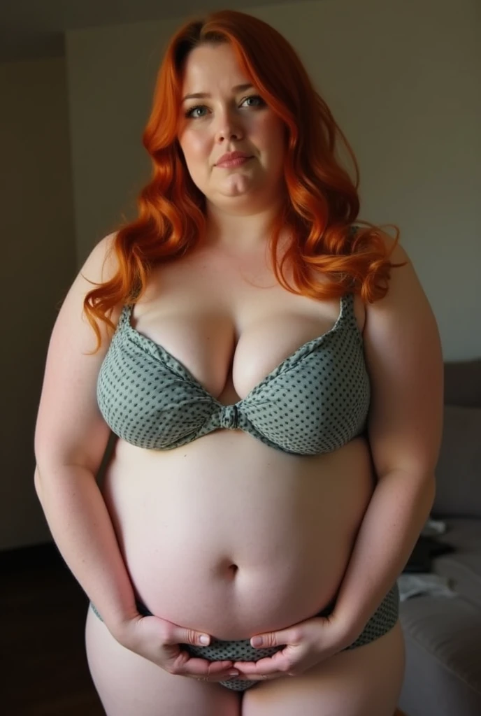 Fat ginger woman with big breasts wearing a polka dot bra