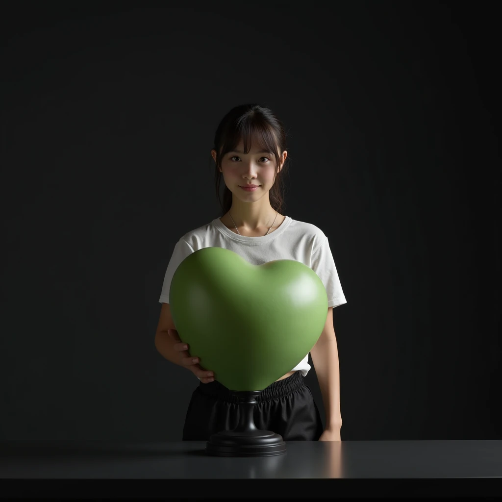 main item is a high ,black ,huge surface ,table displaying a very small green cude(size like a fist) with no shadow ,
and a 16years old ,CUTE, BEAUTIFUL ,asian, with Bangs,white T shirt,black shorts, super huge boobs(34 E CUP),a little plump body shape ,very white skin tone teenager standing next to it
and the whole body facing the camera
the back ground is a black wall
taking a realistic far view photo