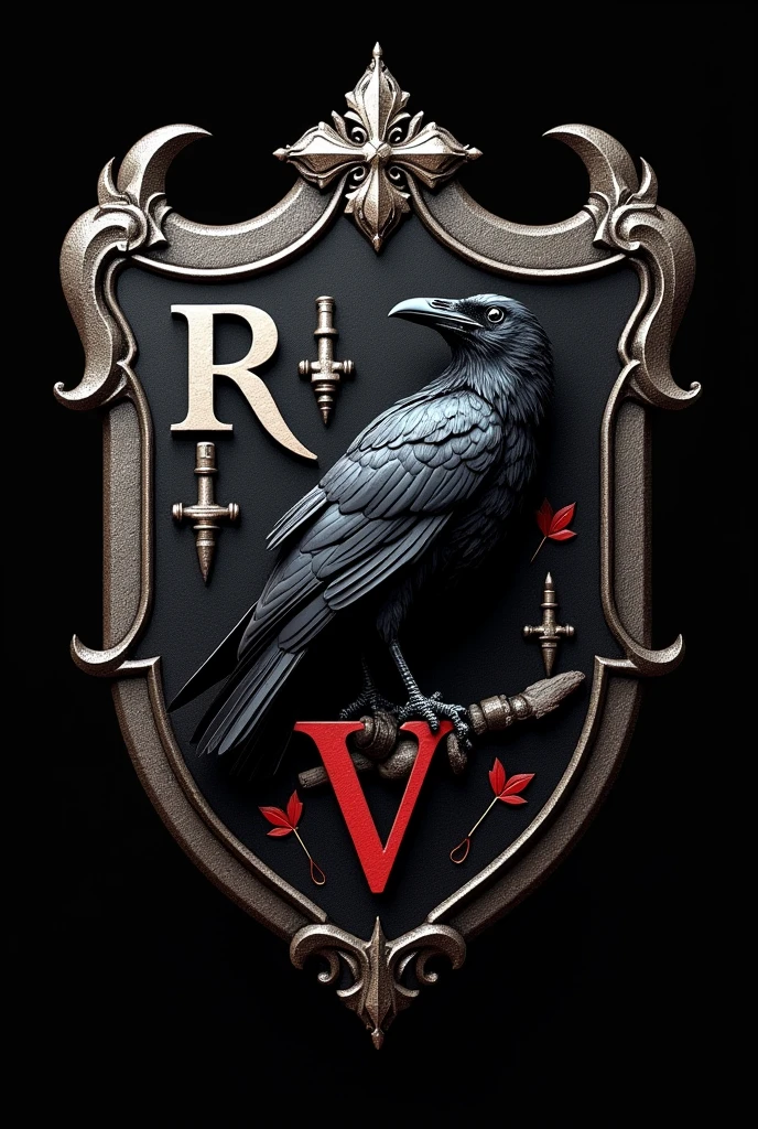 Create a medical family shield, Medieval appearance with Gothic style, Its representative animal is a crow. black colors, silver and red. wide image. With medical utensils. RV Initials. Black background.
