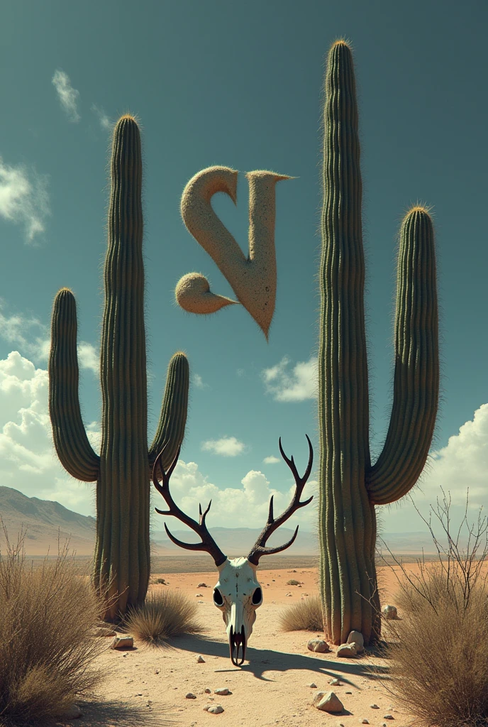 REALISTIC IMAGE with the name GTO highlighted in the center of the image. a cactus in the background, a bull skull and a black caracara flying in the sky, the dry and cracked soil of drought, and a sun in the sky.