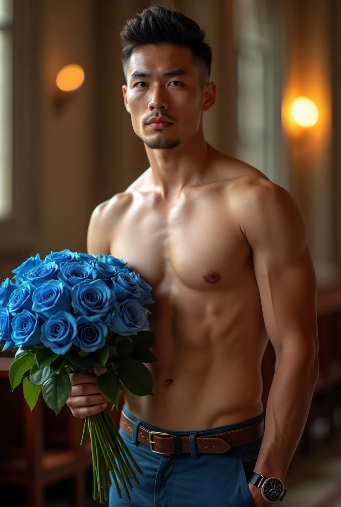 k hd，8K resolution，professional photoshooting，profesional lighting，two very attractive vietnam men，30 age old，brush cut，tall and fit，cool guy，A person holds a bouquet of blue roses in his hand, shirtless， Impressive appearance，In a luxurious and modern cathedral，The church was full of people and it was a happy, Perfect and highlight moments of their lives.，H super cannon，Details are delicate and perfect，best qualityer，delicated，highly  detailed。Ultra-high resolution，Complicated detailinely detailled，physically-based renderingt，Good balance，edge lit，tack sharp focus，photograph of-realistic，photorealistic  art，HDR，realistic model,sweat, lewd face, firm chest, sexual, provocative, lustful, accessories include a luxury wristwatch, casual cufflinks and a simple but elegant leather belt, looking at the viewer, muscle veins, lightly tanned skin, drooling, slimy, sticking out tongue, wanting to show off chest 