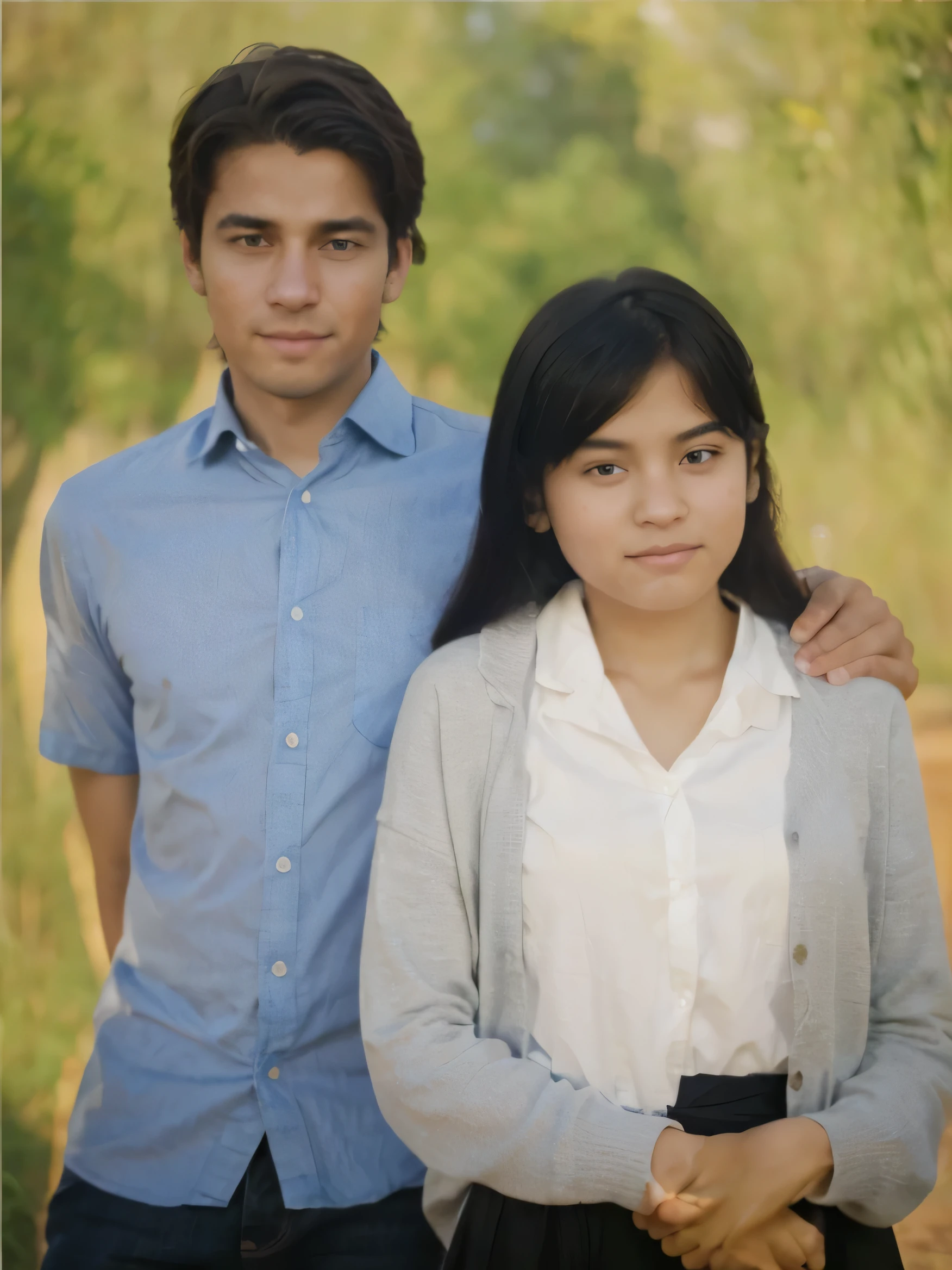 With realistic An older brother with his younger sister, his hands are crossed