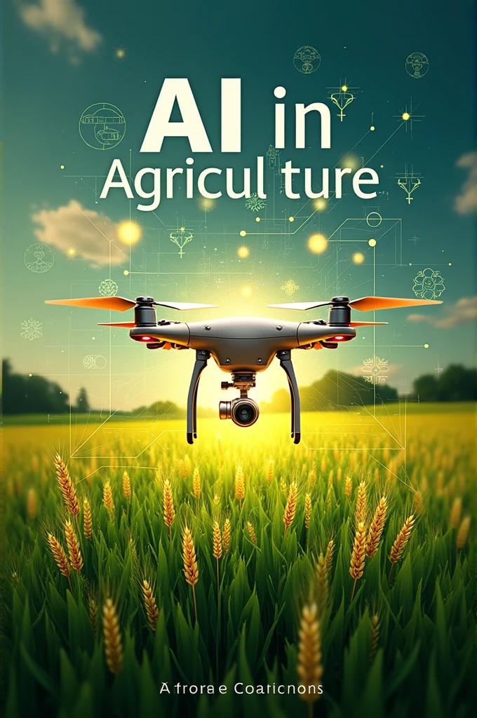 Design a book cover for a title 'AI in Agriculture.' The cover should blend elements of advanced technology with natural agricultural scenes. The background should feature a vibrant, lush field with crops such as wheat, rice, or corn. Overlaid on the field, integrate subtle digital or futuristic elements like circuit patterns, binary code, or a glowing grid to symbolize AI. In the center, depict a stylized drone or robotic arm interacting with the crops, showcasing the fusion of technology and nature. Use modern, clean fonts for the title, with a color scheme that contrasts the natural greens and golds of the field with the metallic or digital hues representing AI. The overall design should be professional, eye-catching, and reflect the innovative intersection of AI and traditional agriculture."