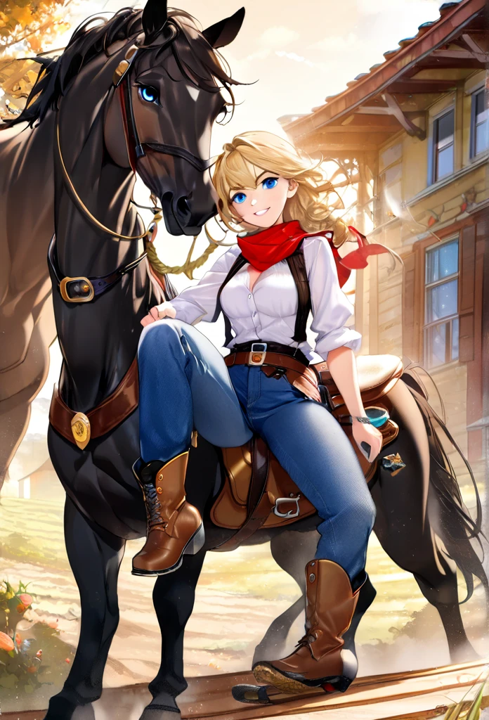 (high quality, high resolution, 8k), detailed oil painting, (1 woman, cowgirl, gunslinger, beautiful brunette with blue eyes, seductive, perfect anatomy, full body, flowing blonde hair, looking at the viewer, wide and seductive smile , with leather vest, white shirt with large neckline, shirt tied at the waist with a knot, low-cut shirt, cowboy belt with silver buckle, jeans, cowboy boots with shiny spurs, 2 revolvers on the waist, holding a Winchester 44 shotgun, star sheriff on his chest, scarf wrapped around his neck), (a black horse, thoroughbred horse, indomitable stallion rearing on two legs, skittish horse, noose tied to the saddle), (old west setting, golden hour, sun rays , beautiful landscape of the old west, leaving a large trail of dust), view from the head to toe