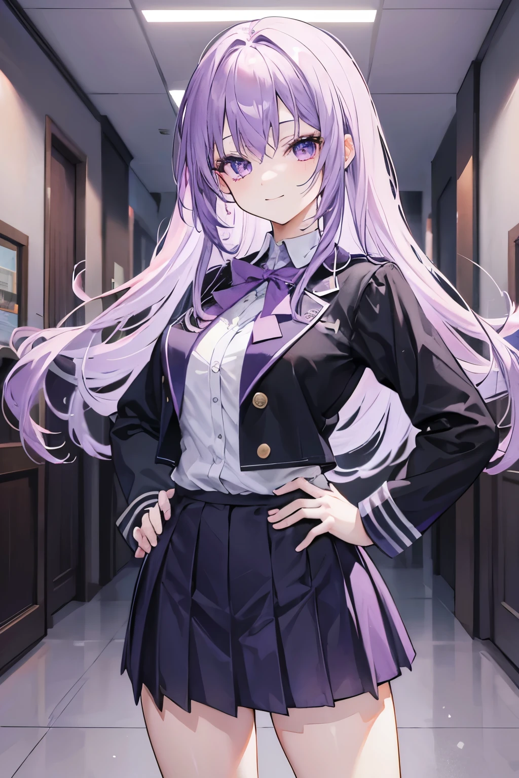Anime girl, confident, light purple hair with bangs, light purple eyes, smiling, prestigious black high school uniform, school hallway, hands on hip