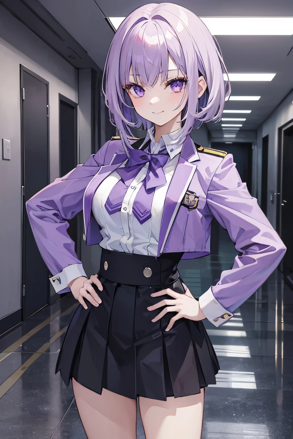 Anime girl, confident, light purple hair with bangs, light purple eyes, smiling, prestigious black high school uniform, school hallway, hands on hip