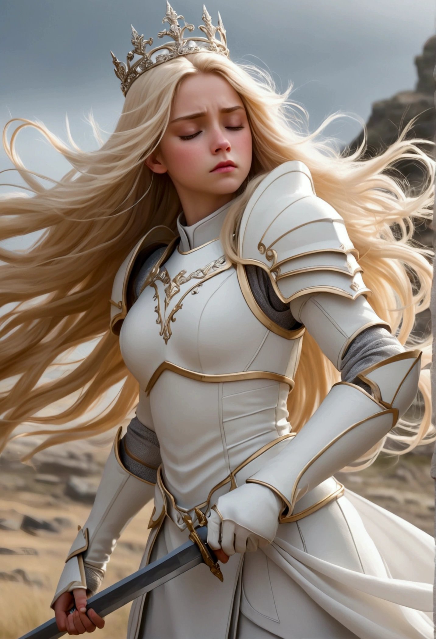 A girl with long, light blonde hair, her hair seemed to be blown by the wind, wearing white armor and a beautiful little tiara, holding a sword with the sharp end facing down with both hands while silently closing her eyes, feeling the gusts of wind.
