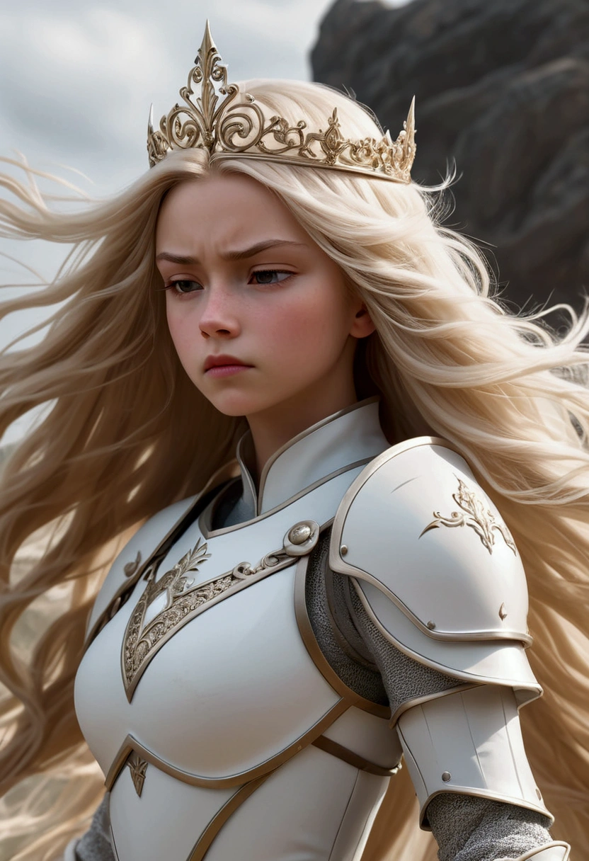 A girl with long, light blonde hair, her hair seemed to be blown by the wind, wearing white armor and a beautiful little tiara, holding a sword with the sharp end facing down with both hands while silently closing her eyes, feeling the gusts of wind.