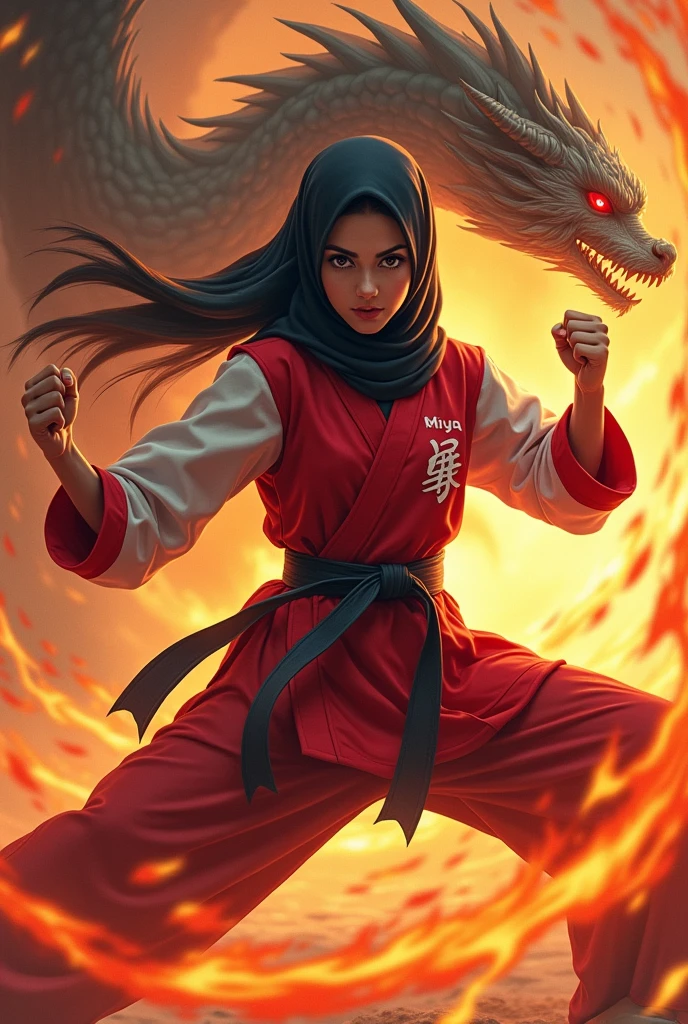 young woman in hijab with red and white karate uniform. surrounded by dragon and fire. on the karate uniform there is a writing "Miya"