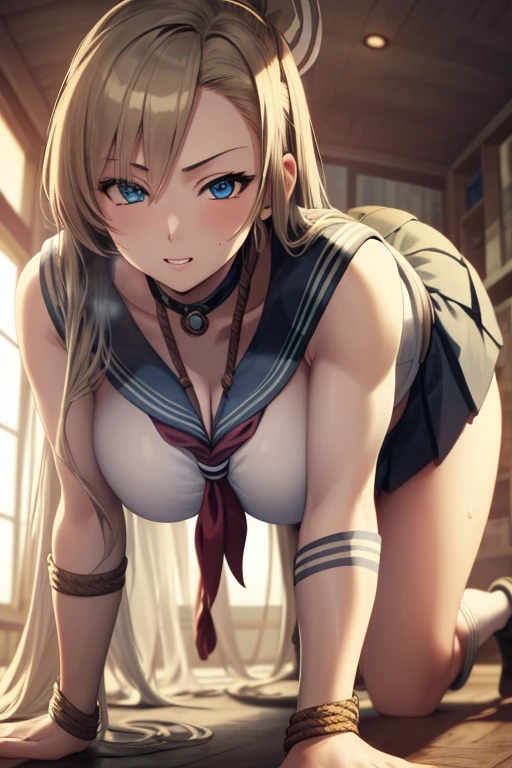 masterpiece,best quality,high resolution,8k,ultra HD,wallpaper,illustration,perfect face,cowboy shot,beautiful detailed eyes,extremely detailed face,perfect lighting,extremely detailed CG,perfect hands,perfect anatomy,perfect body,perfect hands,perfect fingers,1woman,full body,,(muscle fighter:1.1),blonde long hair,blue eyes,(large breasts:1.3),(Medium ass:1.1),medium nipples,(sailor costume :1.5),skirt,clothed,,collarbone,,looking at viewer,(sexy lookrope bondage with turtle shell crawl on all fours orgasm masterbation pose:1.3),Steam,sweat,rich home,(Blue Archive character Ichinose Asuna),