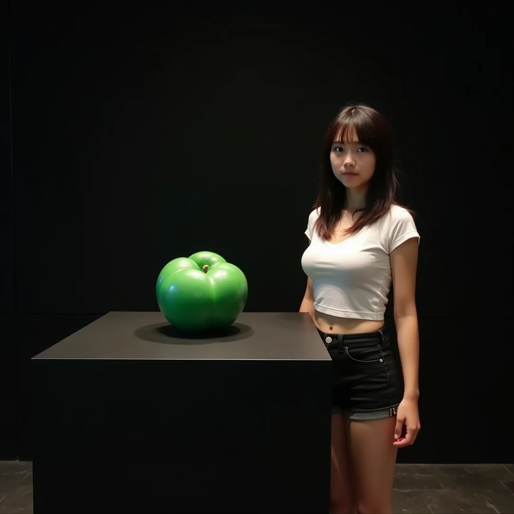 main item is a high ,black ,huge surface ,table displaying a very small green cude(size like a fist) with no shadow ,
and a ars old ,CUTE, BEAUTIFUL ,asian, with Bangs,white T shirt,black shorts, super huge boobs(34 E CUP),a little plump body shape ,very white skin tone teenager standing next to it
and the whole body facing the camera
the back ground is a black wall
taking a realistic far view photo