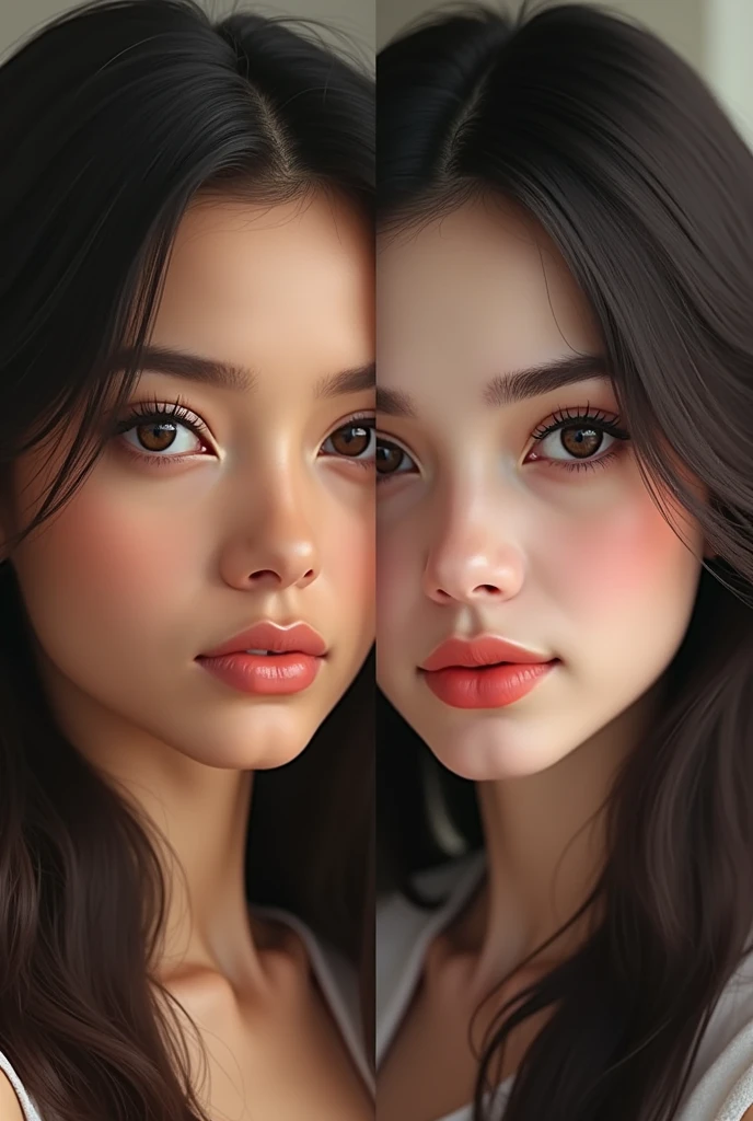 1. **First person**: This girl has smooth and even skin with a warm shade. She has almond-shaped eyes with long, thick eyelashes that give the look depth and mystery. The eye color is dark brown, with a soft shine. The eyebrows are elegant, well-defined and slightly curved. Her nose is neat and slightly upturned. The lips are full-length and well-defined, with a natural pink tinge. She wears long, silky hair that flows down her shoulders. The overall image expresses softness and grace.
2. **Second face**: This girl has sharper facial features with pronounced cheekbones. Her eyes are also almond-shaped, but slightly wider, with jet-black irises that add intensity and confidence to the look. The eyebrows are even and slightly thicker, giving the face rigor and determination. The nose is thin and elegant, in harmony with her general features. The lips are medium-sized, neatly outlined and have a rich coral hue. The hair is dark and straight, slightly trimmed at the ends, creating a neat and well-groomed appearance. Her image conveys strength of character and inner resilience.
Both girls look attractive in their own way, each of them has a unique beauty and charm.