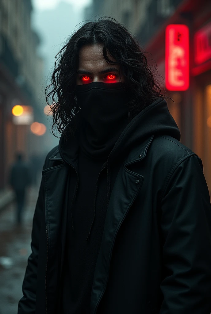 Sigma Black shut man her face cover with bandage and he is look like gangster and her long hire was curly and her red easy r glowing 
