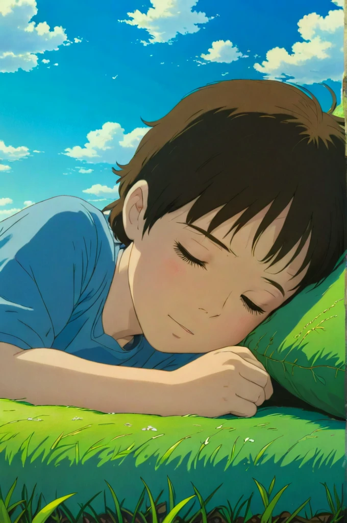 Drawing of a boy lying on the grass looking at the sky enjoying the moon