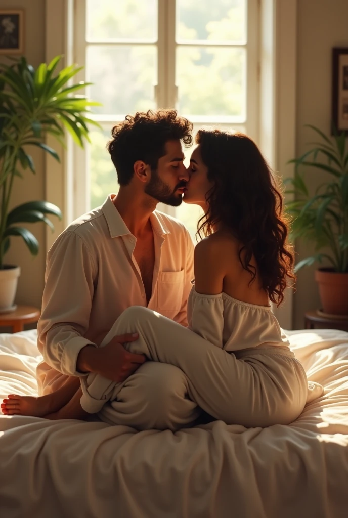 (photorealism:1.2), video, beautiful man kissing woman, sitting on bed, wearing loose off-shoulder top, pajama pants, long curly hair, indoors, soft lighting, plants in background, window with sunlight, cozy room, relaxed pose, realistic, intricate details, warm colors, by Greg Rutkowski, by Alphonse Mucha