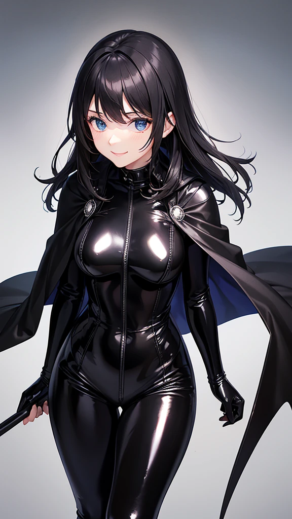 (masterpiece, best quality:1.2), from below, solo, 1girl, ozen, expressionless, closed mouth, looking at viewer, hands on hips, black jacket, cape, black pants, black gloves, big breast