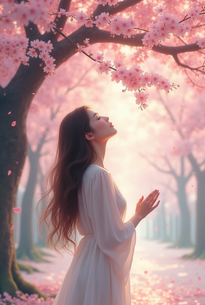 A woman with long brown hair standing under a cherry blossom tree