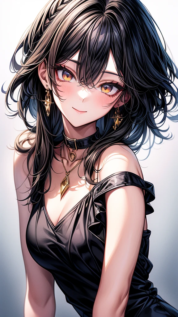 high resolution, Masterpiece, Anatomically correct, precise, qualityที่ดีที่สุด, quality, 1 woman, Age 25 years,Medium length hair, light brown hair, Uneven hairstyles, big breasts, earring, Dark makeup, A thin smile., simple background, Close-up photography, decorations, Anime style, Wearing a black dress,luxurious,Wealth,millionaire,The body looks mature,เครื่องแต่งกายluxurious