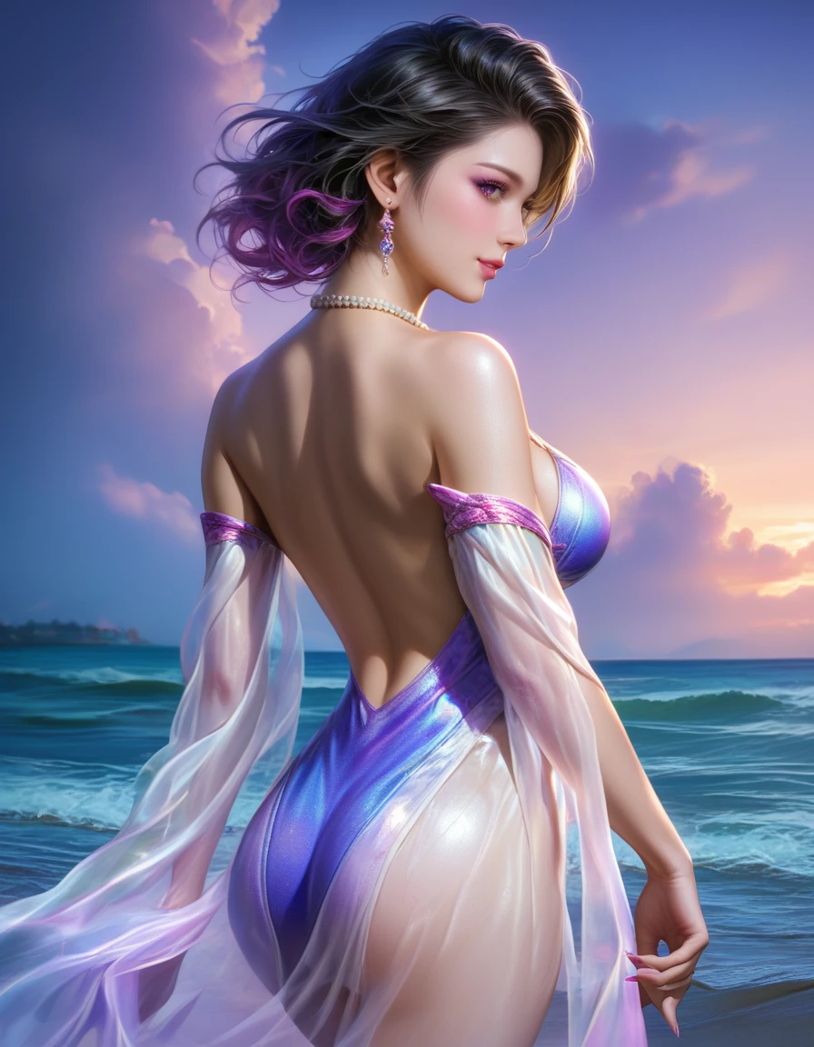 score_9, score_8_superior, score_7_superior, A masterpiece in 32K resolution,Highest quality,it is really amazing,Very detailed,Ultra-high resolution,Ultra-realistic,Realistic,Increased depth of field,Cinematic lighting,
Sexy mature Japan woman,
black straight medium hair,Ultra-detailed and beautiful face,Gentle expression,Translucent white skin,Realistic skin texture,
Elegant swimwear,
Elegant and luxurious design,Colorful color patterns,Beautifully detailed decoration,Detailed fabric texture,
Gorgeous necklace,Earrings,
Dark skies before the storm,Dark clouds covering the dark sky,Thunderclouds rolling in,Coastline at night,Stormy seas,delay々A desolate sandy beach that continues,
Dramatic Angle,Great proportions,Beautiful back view,
