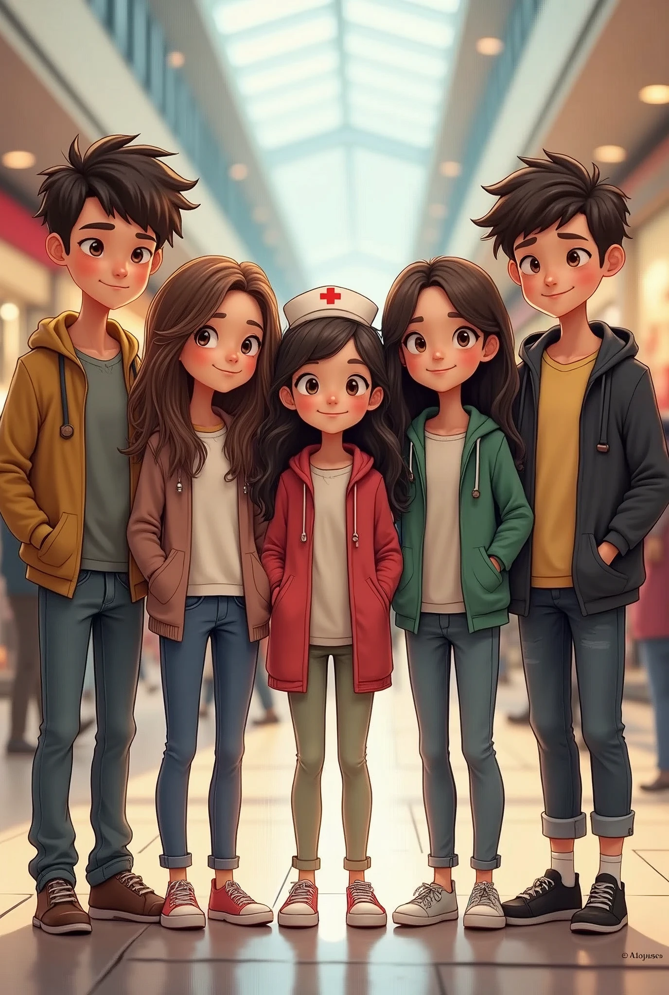 detailed group picture, cartoon animated picture, indoor scene. Five friends, two boys and three girls, stand together in a shopping mall, all facing forward. They are all wearing casual outfits and have fair skin. The first boy has short, spiky hair, the second boy has messy, curly hair, and the girls have long, dark hair. The background showcases a shopping mall with a crowded area. The ground appears wet, reflecting the surroundings. characters shouldn't be touching each other, and one girl should be in the middle with wearing a nursing cap. all characters should have same height
