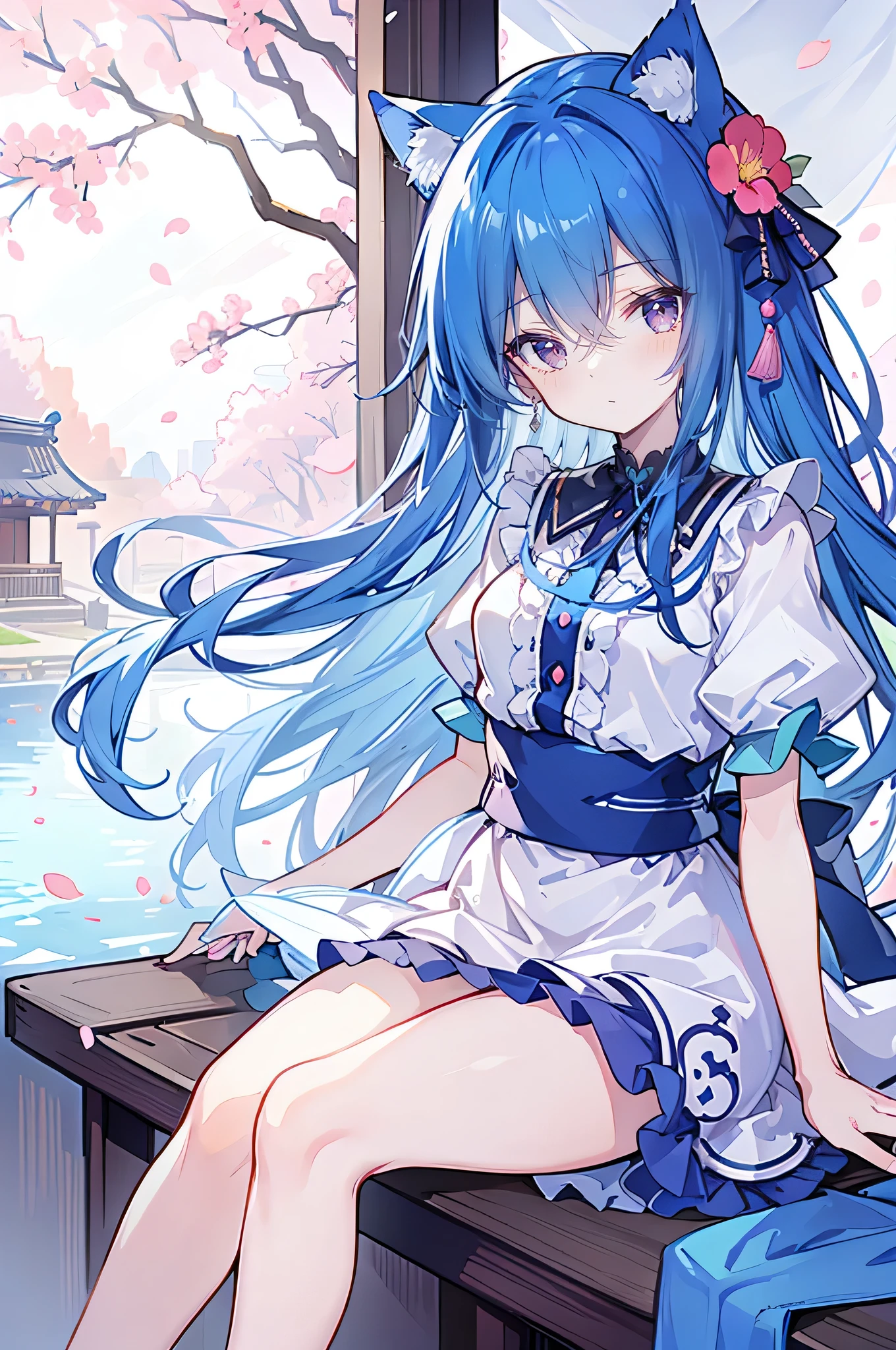 (masterpiece:1.2),Super detailed,lifelike,Expressive eyes,fair skin,perfect face shape,1 girl,
Japanese comics,Gorgeous blue hair,flowing blue hair,flowing clothes,Cat ears,Petals fall,beautiful lola,Baby Angel,
Shaking head with one hand,Cross your legs,,The pavilion is cool and comfortable,smile,back views,sunrise,Petals fall,sunrise,sitting on window sill drinking coffee and looking out the window。