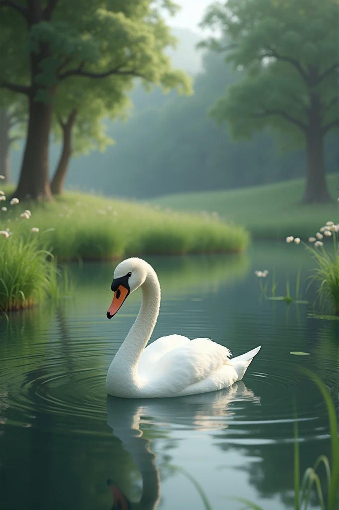 A swan on the lake, have some grass and trees hebind