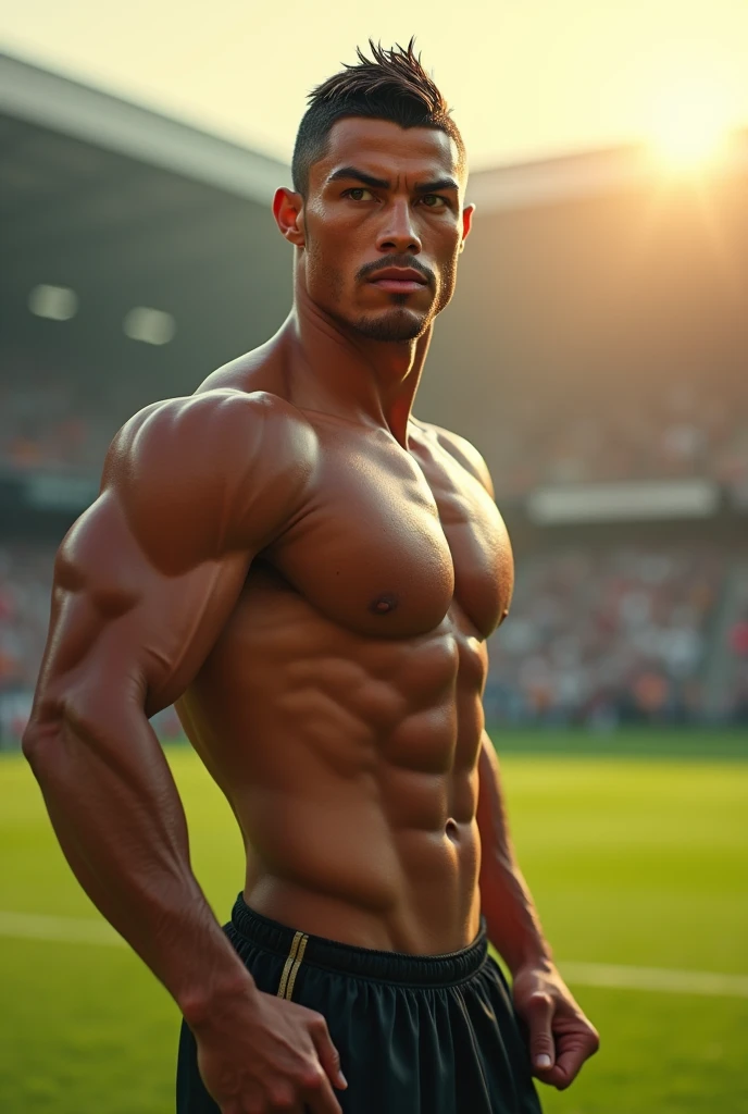 a muscular male athlete, Cristiano Ronaldo, with a strong, athletic physique, wearing a white soccer jersey, standing on a soccer field, with the sun shining brightly, detailed facial features, intense expression, dynamic pose, beautiful detailed eyes, beautiful detailed lips, extremely detailed eyes and face, long eyelashes, (best quality,4k,8k,highres,masterpiece:1.2),ultra-detailed,(realistic,photorealistic,photo-realistic:1.37),sports,soccer,football,athlete,sports photography,dynamic,cinematic lighting,vibrant colors