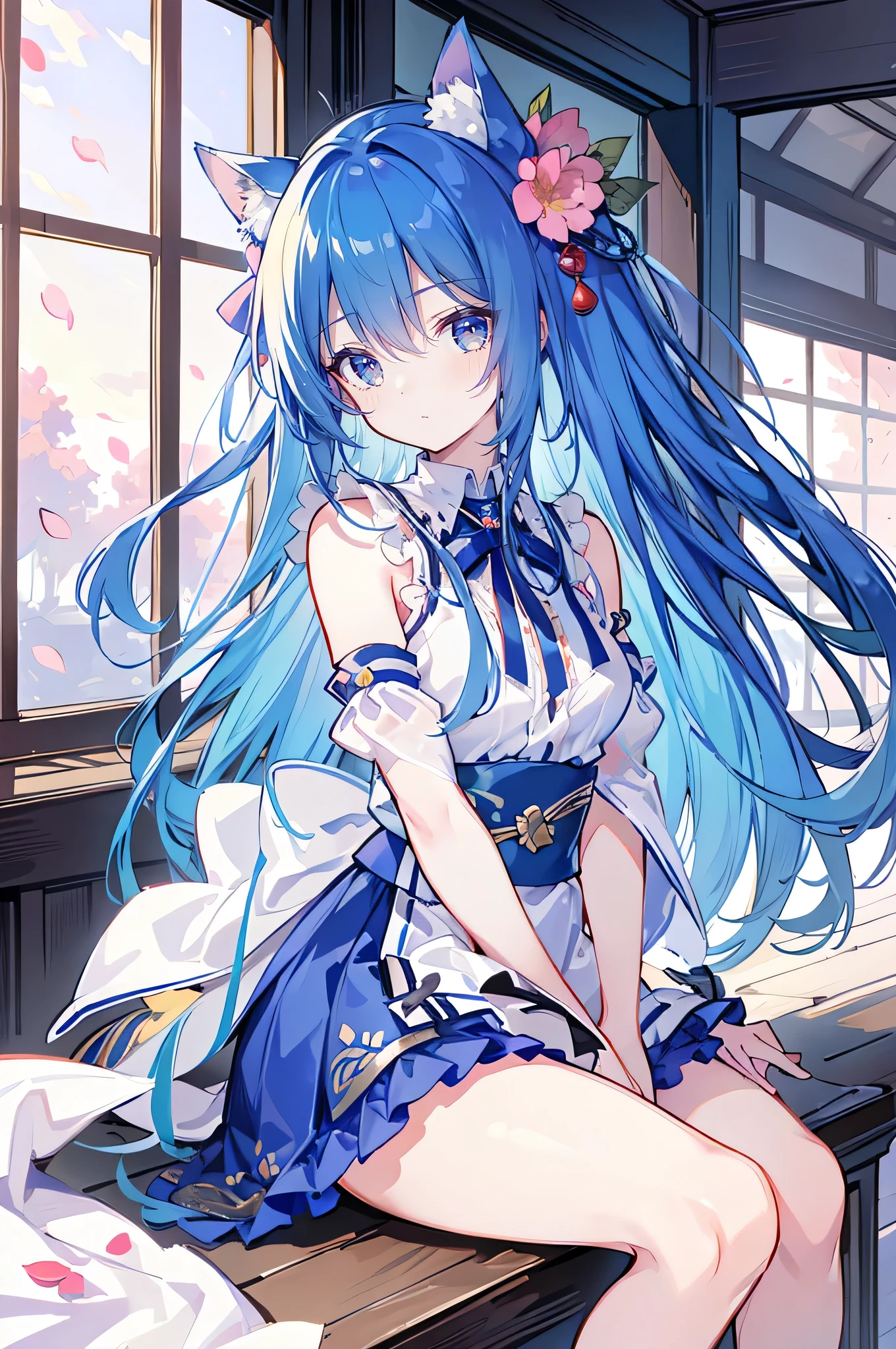 （masterpiece：1.2），Super detailed，lifelike，Expressive eyes，fair skin，perfect face shape，1 girl，
Japanese comics,Gorgeous blue hair,flowing blue hair,flowing clothes,Cat ears,Petals fall,beautiful lola,Baby Angel,
Shaking head with one hand，Cross your legs，，The pavilion is cool and comfortable,smile,back views,sunrise,Petals fall,sunrise，sitting on window sill drinking coffee and looking out the window。