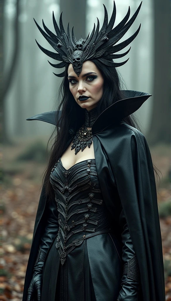 The whole, the Goddess of death, Nordic mythology, a witch with a high crown of blades on her head, a necklace with a skull, Wearing a dress of skulls and blades, Art in the style of Gouviza, Ross Tran 8K, the beautiful empress of fantasy. The background is a deserted forest. The look is imperious, cold, arrogant. Gothic makeup. hyperrealistic. Detailed eyes. Resolution 16K,Nikon Z9, digital photography, ultra textured leather, Realistic photography, Cinematic effect, soft light, soft shadows, high quality volumetric lighting