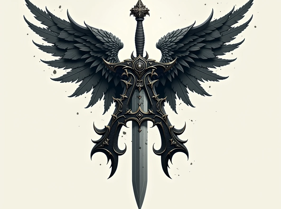 Replace the sword with an Athame dagger, featuring a thin, double-edged blade and a decorative handle. Ensure the 'A' shape and the wings remain intact and unchanged. The Athame should fit naturally into the design, maintaining the same alignment and position as the original sword, with the overall dark fantasy aesthetic.