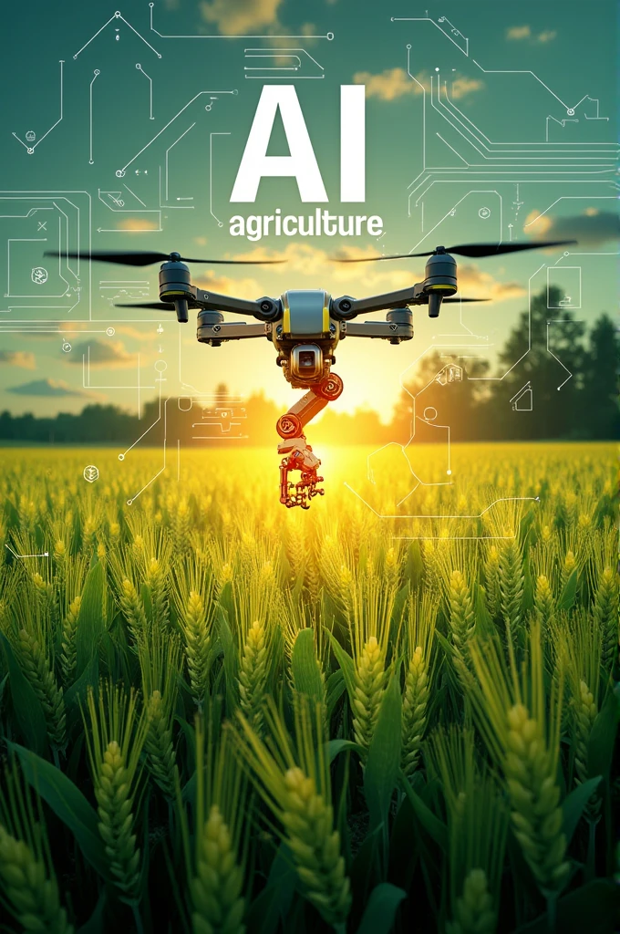 Design a book cover for a title 'AI in Agriculture.' The cover should blend elements of advanced technology with natural agricultural scenes. The background should feature a vibrant, lush field with crops such as wheat, rice, or corn. Overlaid on the field, integrate subtle digital or futuristic elements like circuit patterns, binary code, or a glowing grid to symbolize AI. In the center, depict a stylized drone or robotic arm interacting with the crops, showcasing the fusion of technology and nature. Use modern, clean fonts for the title, with a color scheme that contrasts the natural greens and golds of the field with the metallic or digital hues representing AI. The overall design should be professional, eye-catching, and reflect the innovative intersection of AI and traditional agriculture."