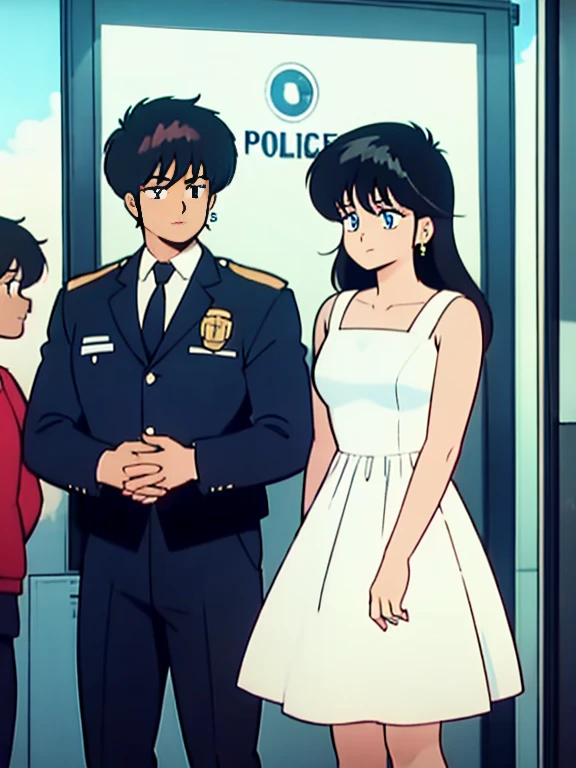 1 female, Black Hair, Blue Eyes, Delicate face, cute, Love Earrings, White Dress, Standing in front of the police station, Surreal