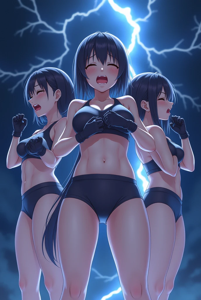 Three beautiful girls in compression shorts and gloves were struck by lightning, Cried, closed her eyes, Voiding incontinence, Electrocution, And dead. Close your eyes, anguished expression. Emphasis on urination incontinence from the thighs and crotch. the body is arched.Two-dimensional anime style.