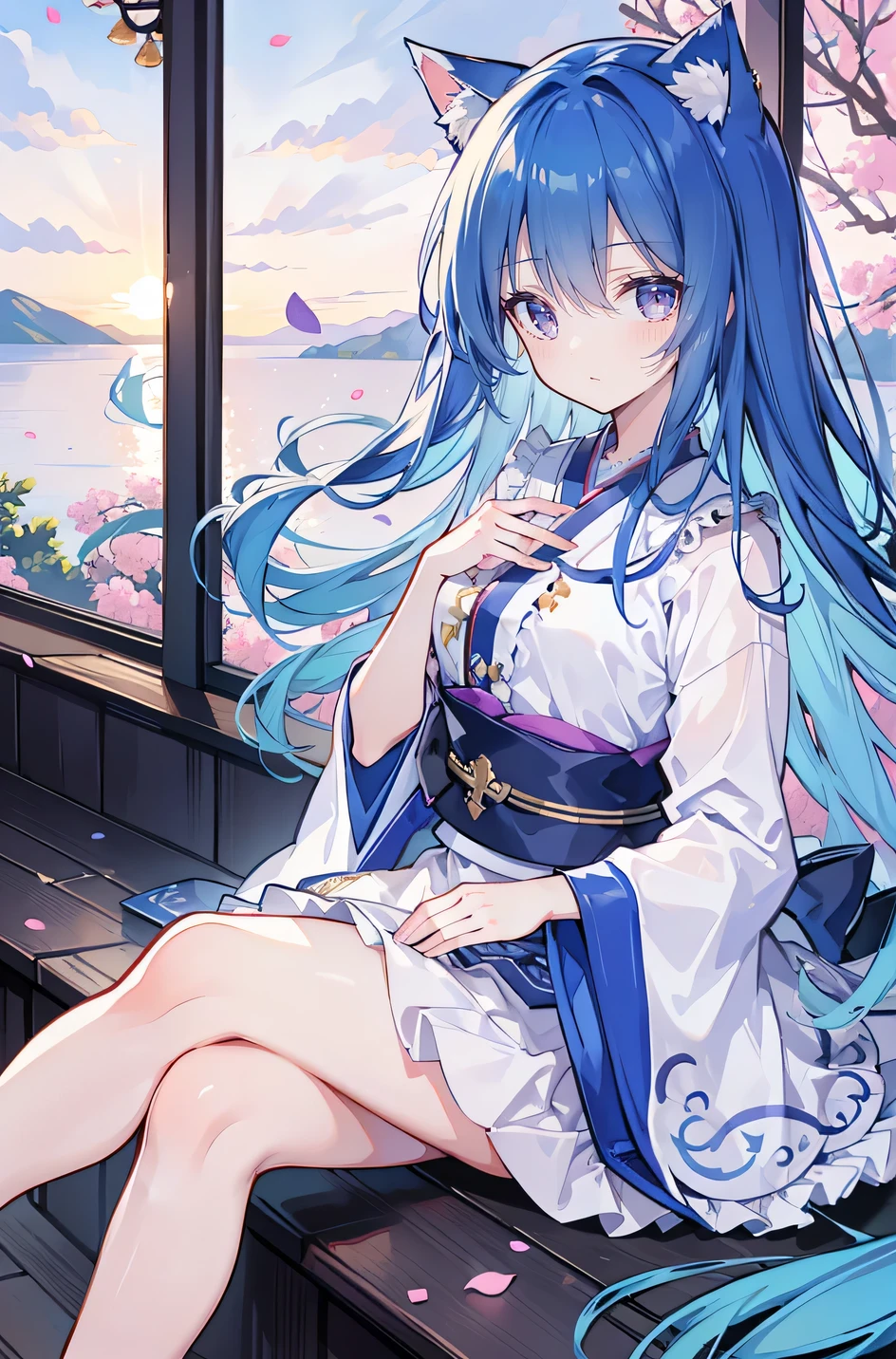 （masterpiece：1.2），Super detailed，lifelike，Expressive eyes，fair skin，perfect face shape，1 girl，
Japanese comics,Gorgeous blue hair,flowing blue hair,flowing clothes,Cat ears,Petals fall,beautiful lola,Baby Angel,
Shaking head with one hand，Cross your legs，，The pavilion is cool and comfortable,smile,back views,sunrise,Petals fall,sunrise，sitting on window sill drinking coffee and looking out the window。