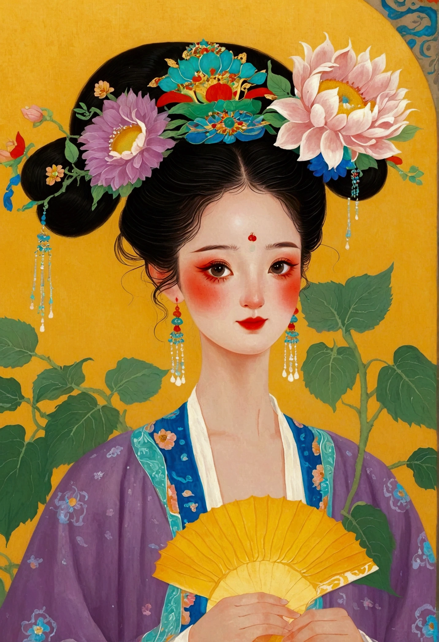 There is a figure in the painting wearing a purple headdress、Woman holding sunflowers, ancient chinese princess, 