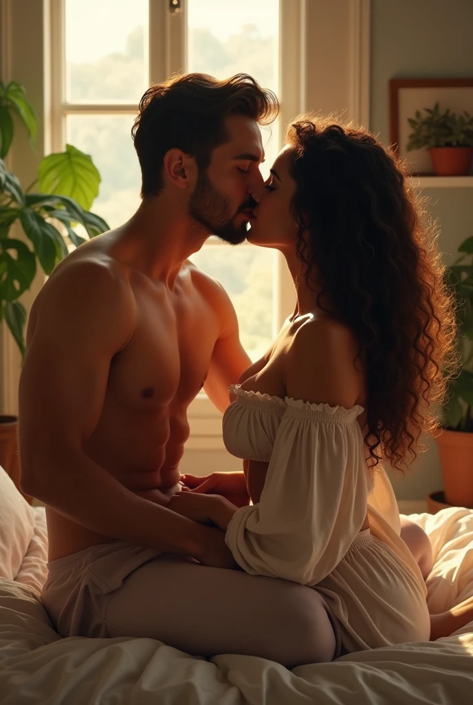  video, beautiful man kissing on boobs woman, sitting on bed, wearing loose off-shoulder top, pajama pants, long curly hair, indoors, soft lighting, plants in background, window with sunlight, cozy room, relaxed pose, realistic, intricate details, warm colors, by Greg Rutkowski, by Alphonse Mucha