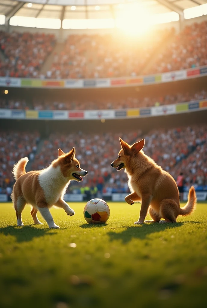 Football played by dogs and cats as rivals and watched by humans with great atmosphere in a stadium of heat
