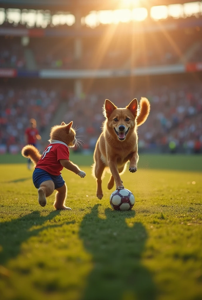 Football played by dogs and cats as rivals and watched by humans with great atmosphere in a stadium of heat