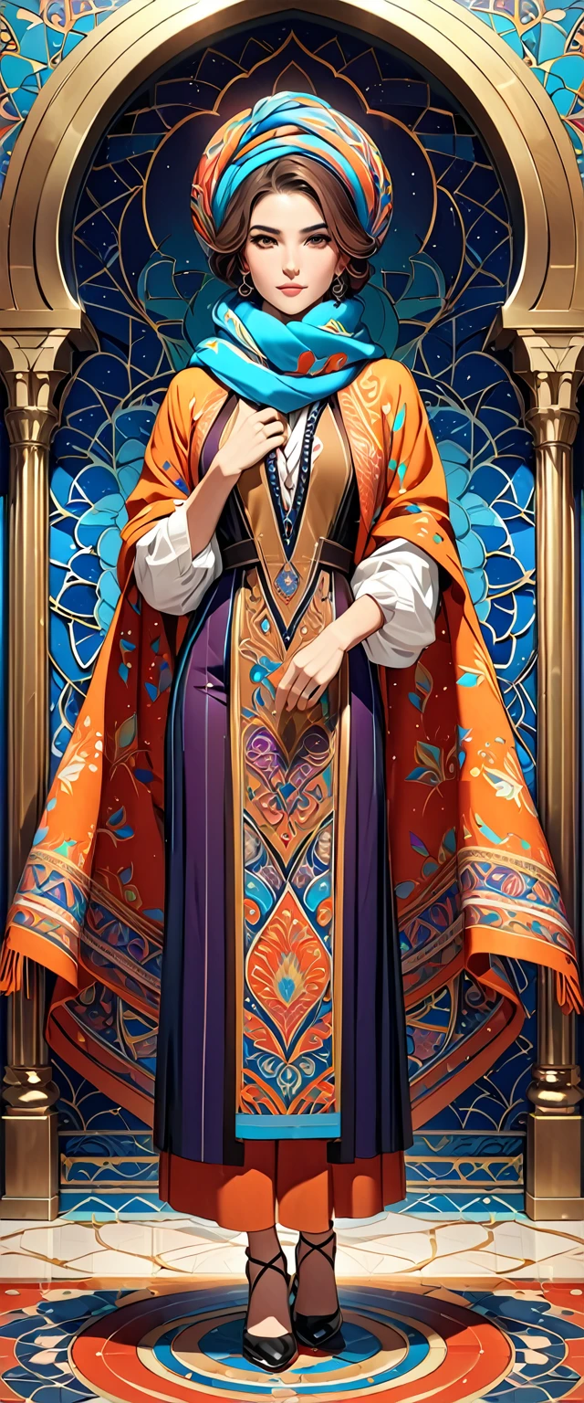 (masterpiece:1.2,Highest quality,Ultra-high resolution,Super detailed),(Best illustrations),8k,wallpaper,(Written boundary depth),(Sophisticated lighting:1.2),BREAK(1 female),(turkish woman:1.6),(Wearing a scarf on her head:1.6),(front:1.6),(The background is a colorful and beautiful arabesque pattern.) full body, full length 