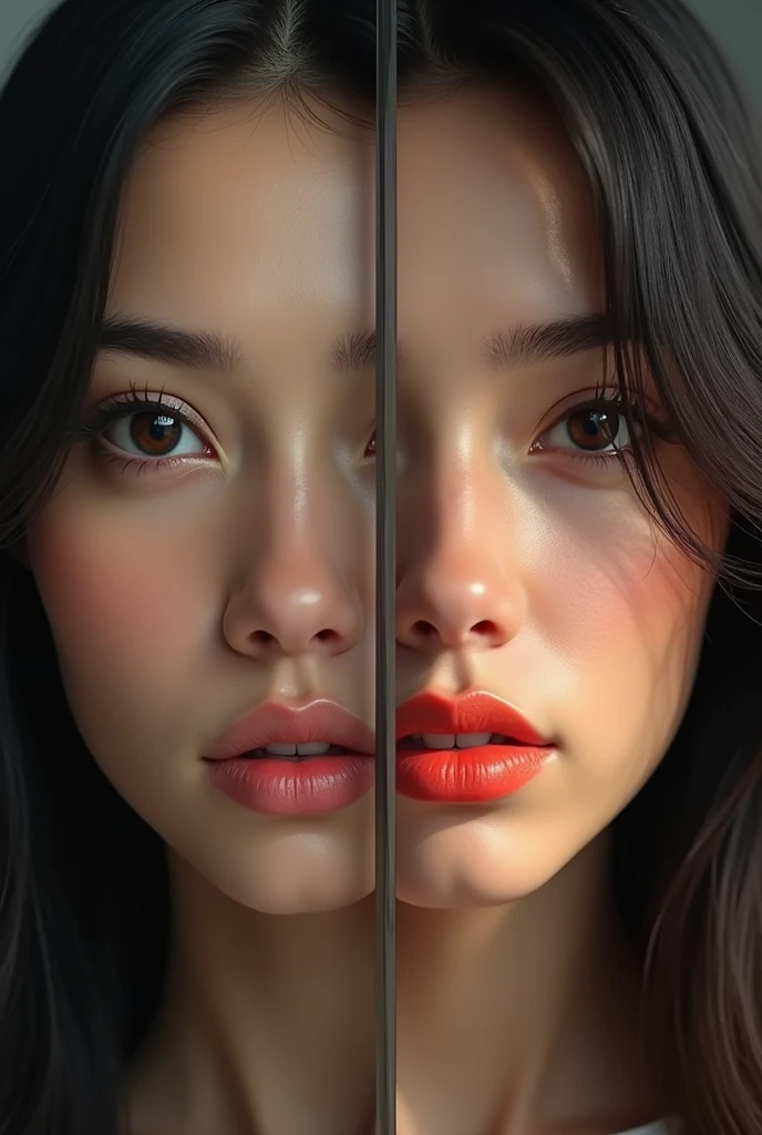 **Second face**: This girl has sharper facial features with pronounced cheekbones. Her eyes are also almond-shaped, but slightly wider, with jet-black irises that add intensity and confidence to the look. The eyebrows are even and slightly thicker, giving the face rigor and determination. The nose is thin and elegant, in harmony with her general features. The lips are medium-sized, neatly outlined and have a rich coral hue. The hair is dark and straight, slightly trimmed at the ends, creating a neat and well-groomed appearance. Her image conveys strength of character and inner resilience.
Both girls look attractive in their own way, each of them has a unique beauty and charm. Голая