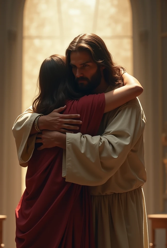 Hug between a person and Jesus Christ seen from behind