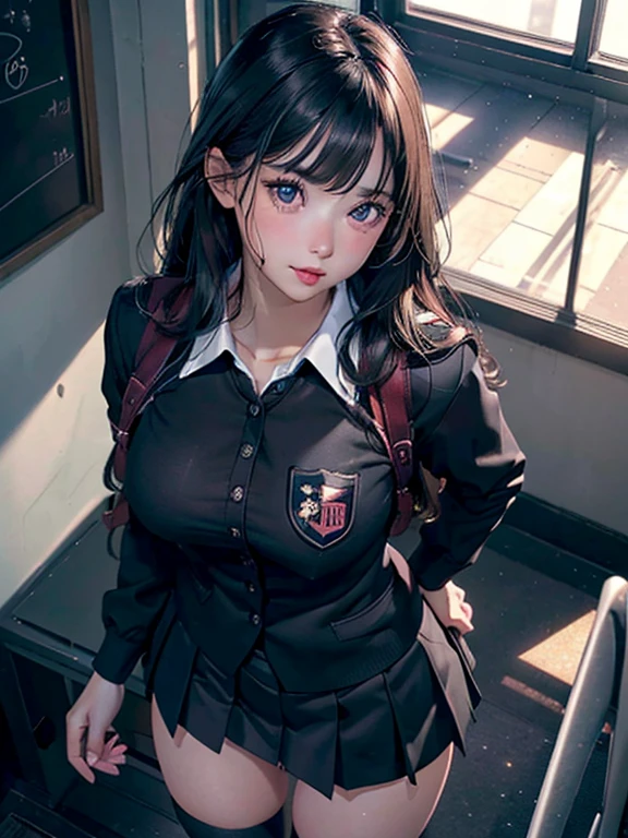 a girl in a black school uniform, detailed vagina, no panty, classroom, bum, up skirt, (best quality,4k,8k,highres,masterplan:1.2),ultra-detailed,(realistic,photorealistic,photo-realistic:1.37),masterpiece,newest,exceptional,detailed eyes,detailed lips,extremely detailed face,long eyelashes,beautiful