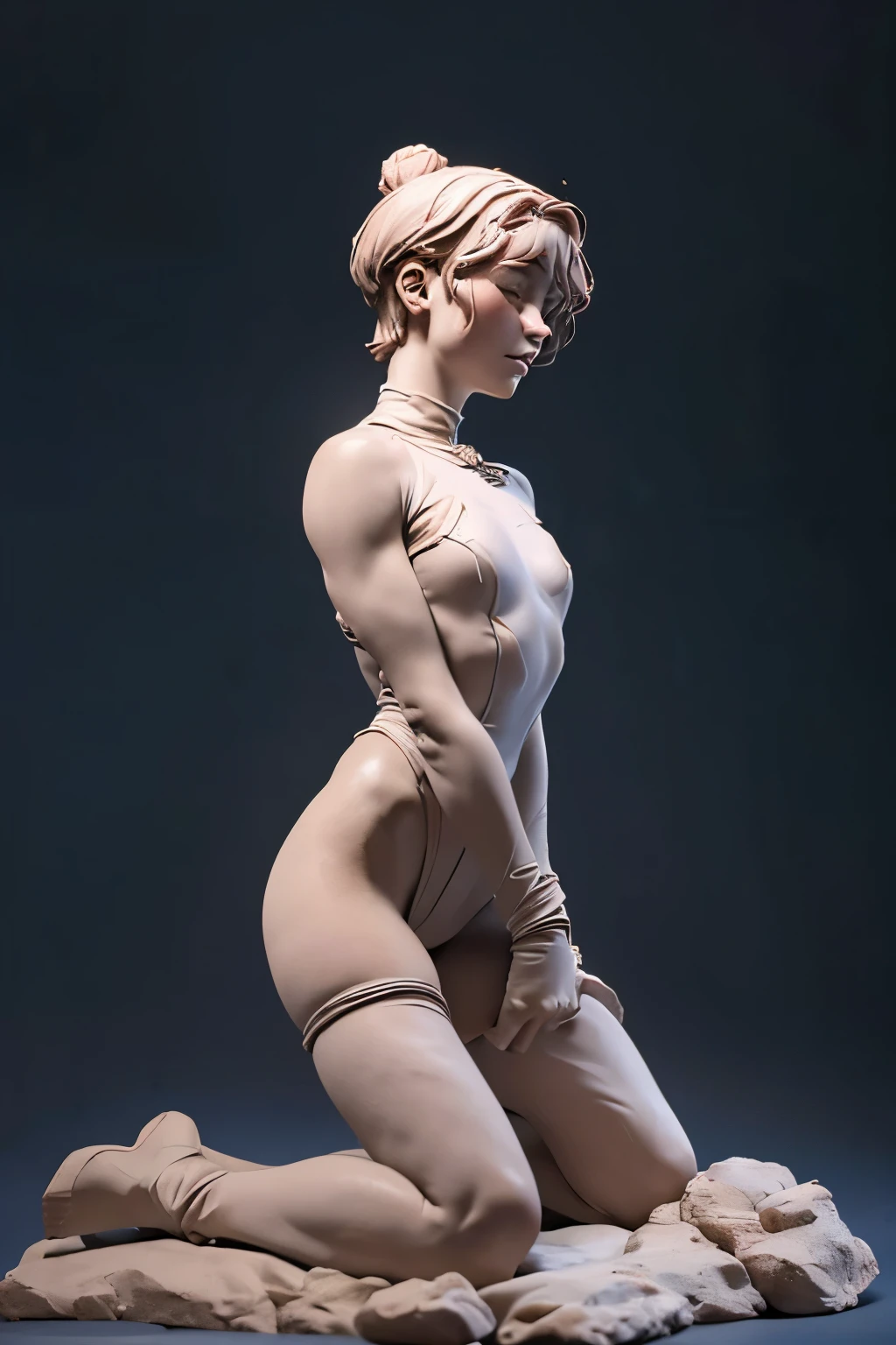 ((highest quality:1.2) A stone statue of girl is abandoned at the dungeon, a girl is petrified into a statue, 20 years old gymnast, cute girl, petrification, kneeling, wearing long sleeve leotard,tight-fitting leotard,beautiful marble face, closed eyes, sexual atracts, shameful face in a high ecstasy state, full body portrait, extra white marble skin, Blush with embarrassment, very embarrassed, covering chest and crotch with hands, front view, looking herself, beautiful face, European face, noble face, closed mouth with embarrassed, shameful face, Short-cut  hair, full body portrait,