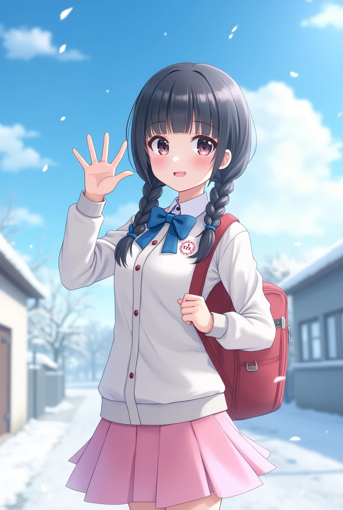 (alone:1.5),girl1人\(very cute),like,Soft Skin,(girl:2.0),red面,child'Body Type,Dark Eyes,Black Hair,Shiny Hair,Braided twin tails,Pink Skirt,White jacket(Blue Ribbon\),Japanese school bags(red\), Character Focus,Front view,Cute Smile,Please wave your right hand,Exhale white breath,Ministry of Rural Affairs,shining white snow,blue sky,Beautiful Clouds,quality\(8k,Very detailedなCGユニットの壁紙, masterpiece,High resolution,top-quality,top-quality real texture skin,Surreal,Increase the resolution,RAW Photos,highest quality,Very detailed,Cinema Lighting,Ray Tracing,)